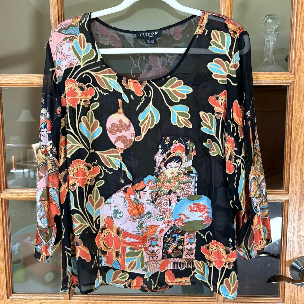 Citron Santa Monica Silk Sheer Scoop Neck Blouse Asian Print